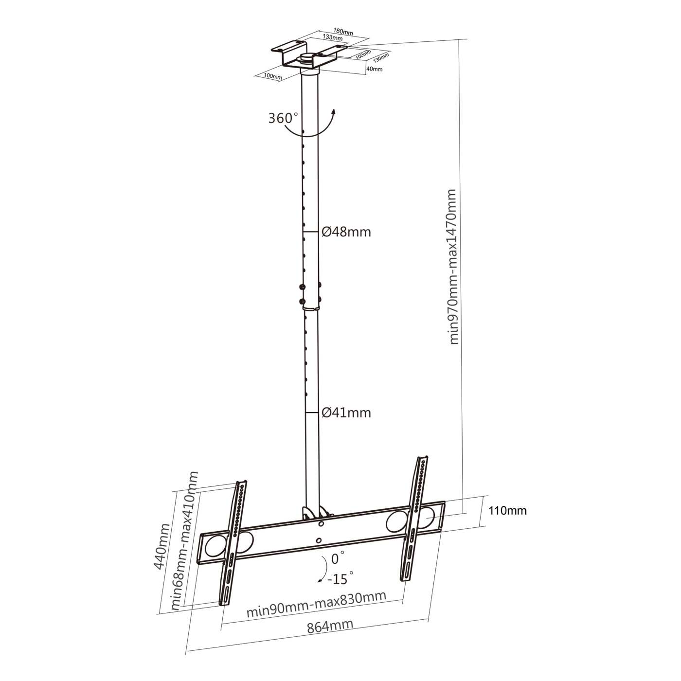 Soporte para TV, para empotrar en techo, con inclinación, pantallas planas de 37" a 70" de máximo 50 kg Image 8