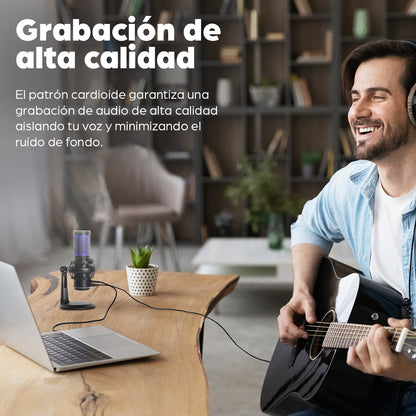 Micrófono de condensador USB con LED RGB y cancelación de ruido