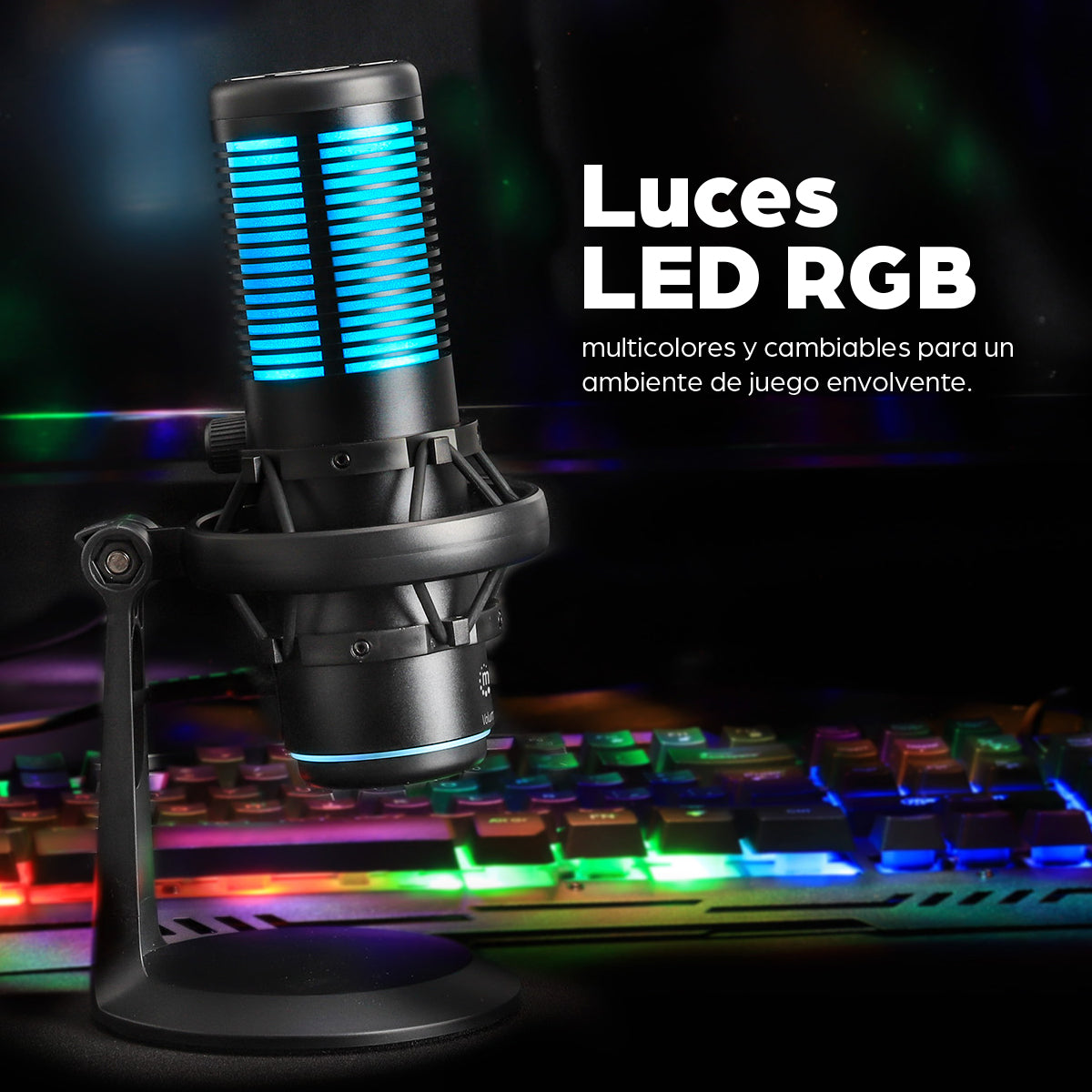Micrófono de condensador USB con LED RGB y cancelación de ruido