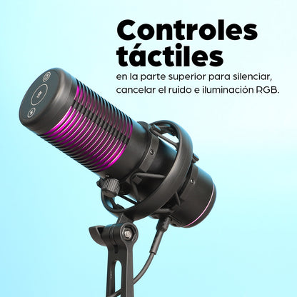 Micrófono de condensador USB con LED RGB y cancelación de ruido