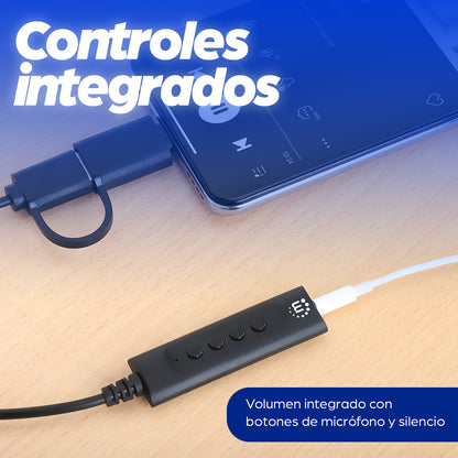 Cable adaptador auxiliar de audio estéreo 2 en 1 USB-C y USB-A a 3.5 mm