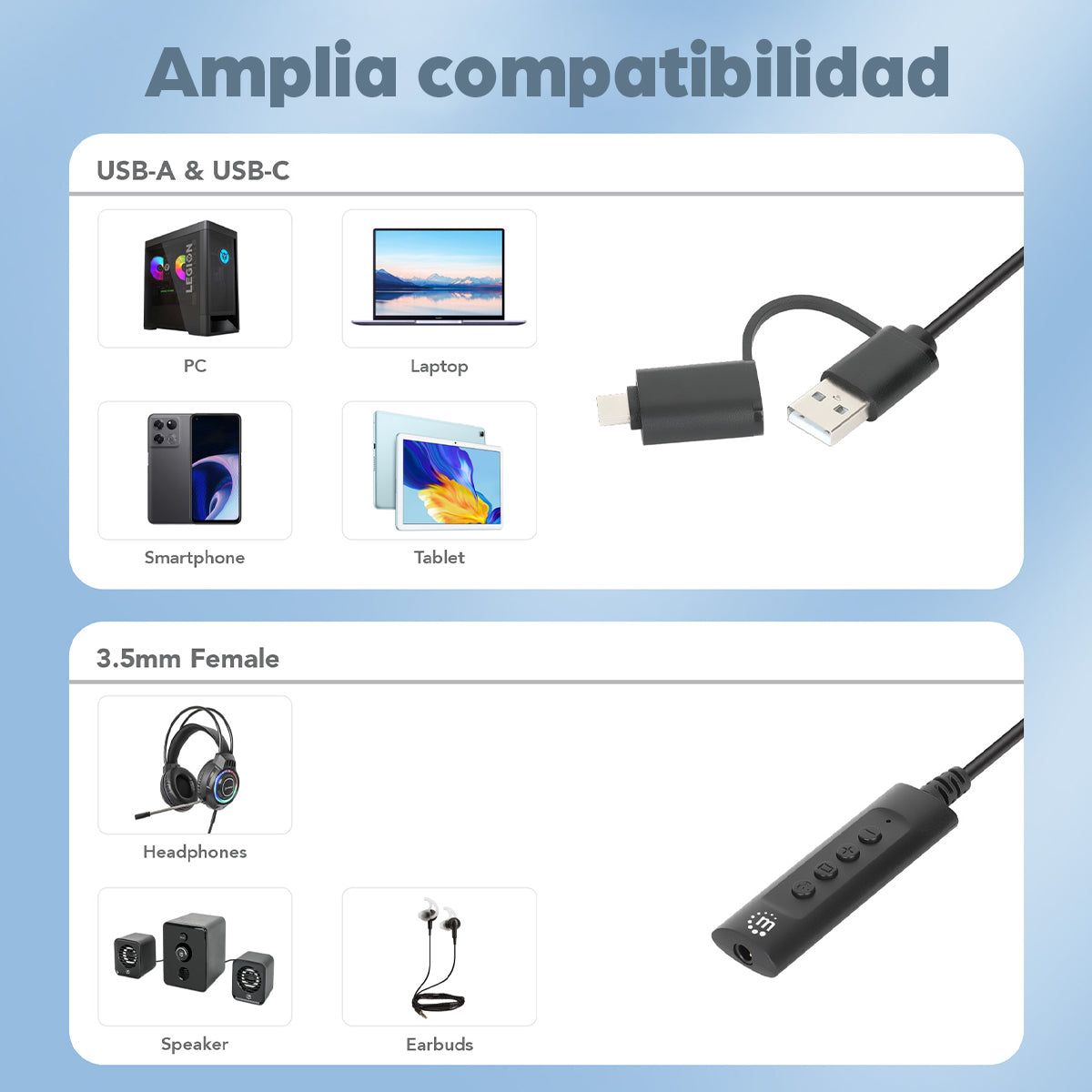 Cable adaptador auxiliar de audio estéreo 2 en 1 USB-C y USB-A a 3.5 mm