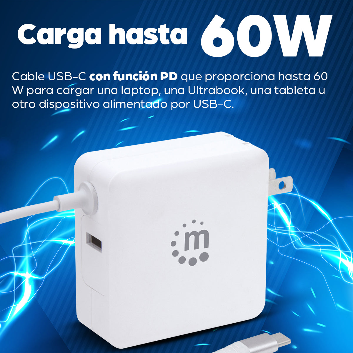 Cargador de energía PD con cable USB-C integrado – 60 W