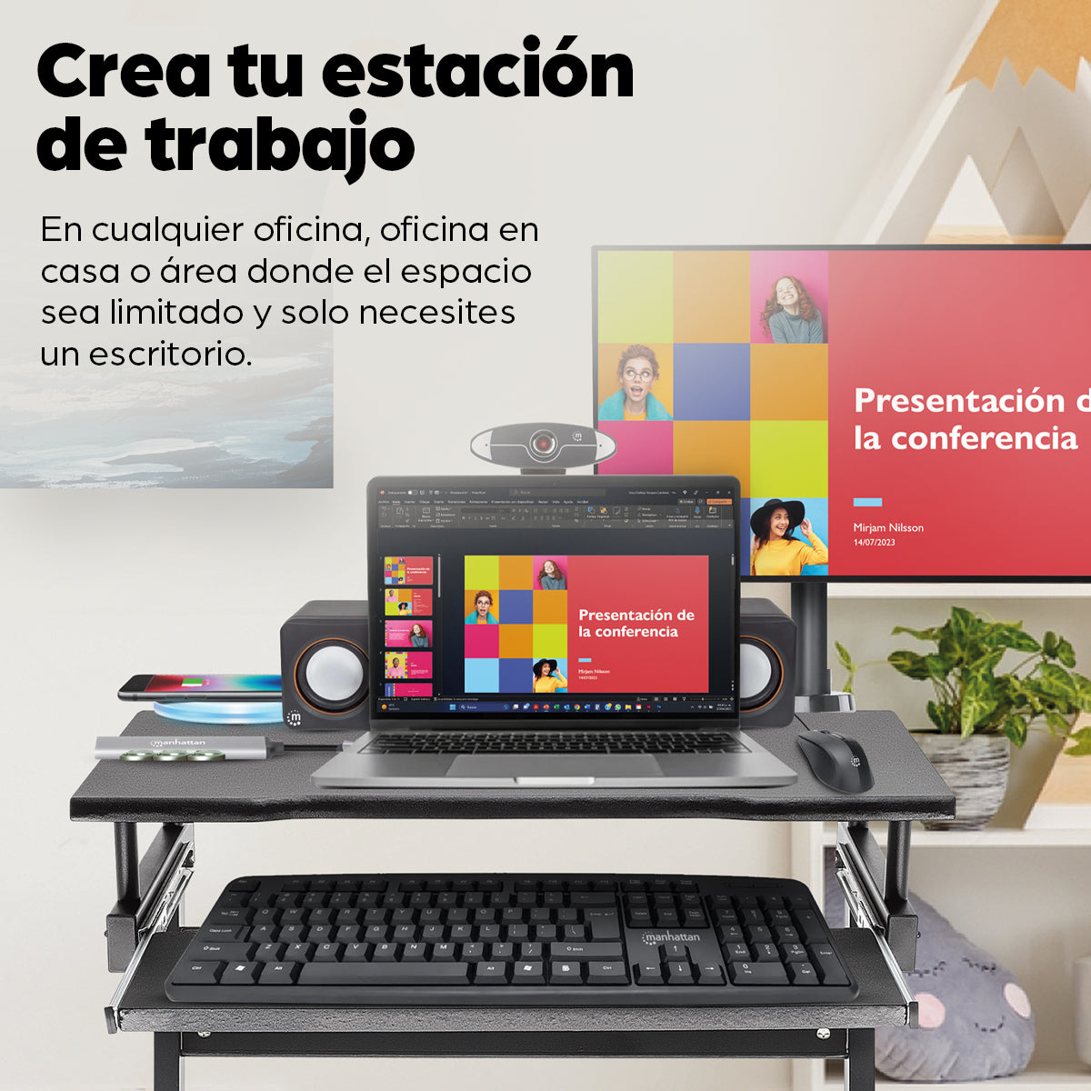 Escritorio compacto para computadora, con bandeja deslizable para teclado