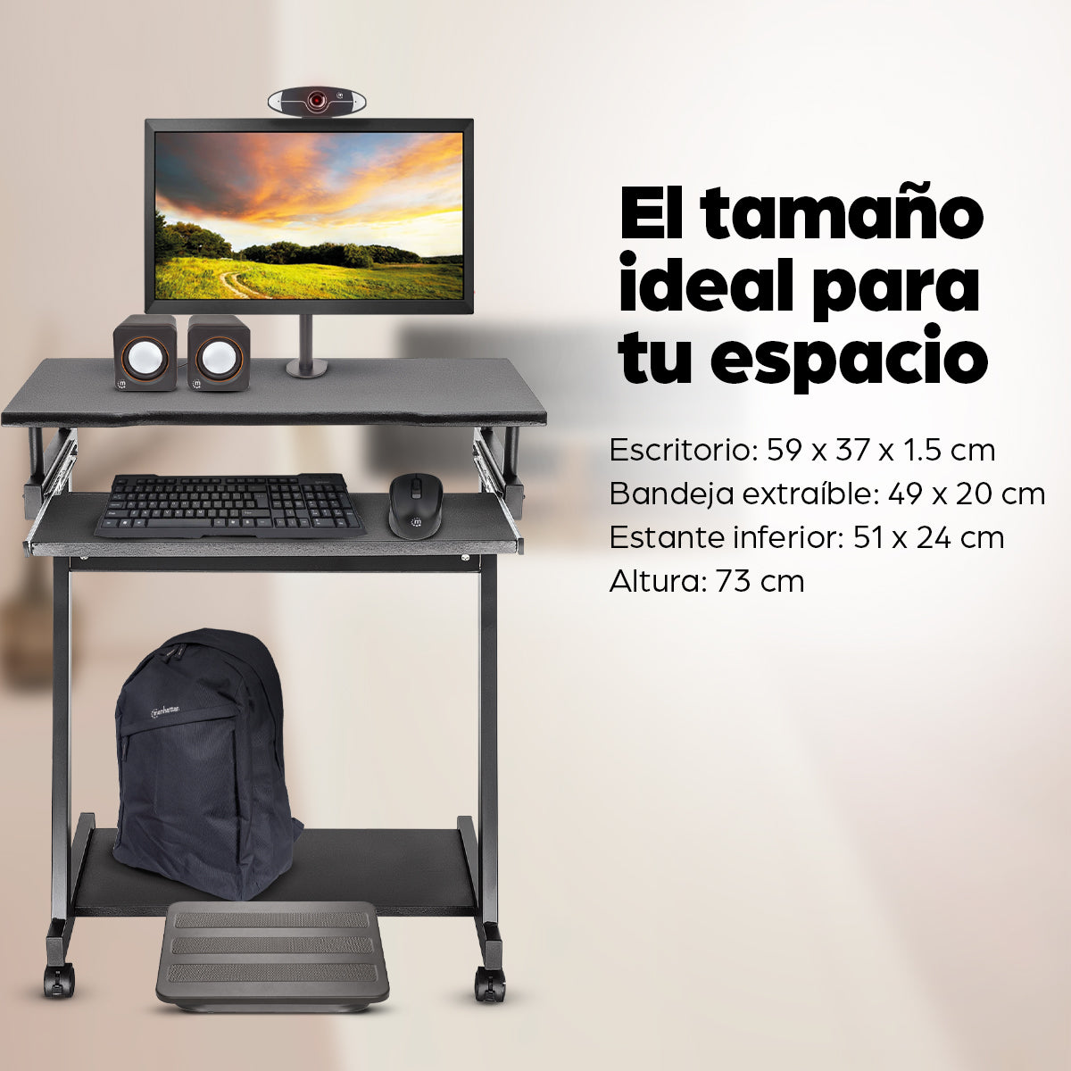 Escritorio compacto para computadora, con bandeja deslizable para teclado