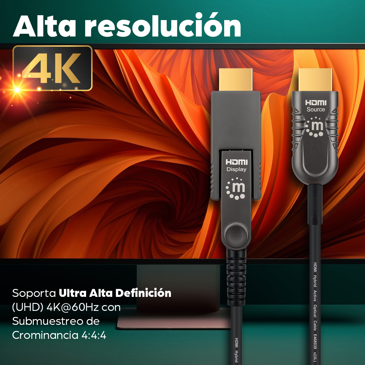 Cable Óptico Activo HDMI de Alta Velocidad con conector HDMI desmontable (Calificado Plenum)