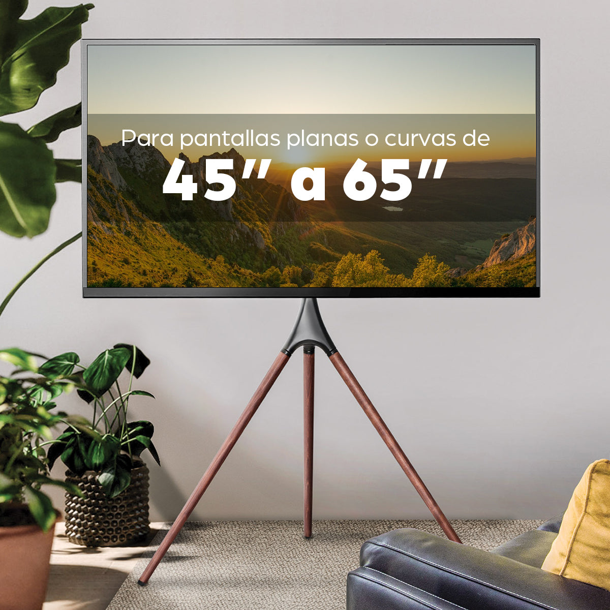 Soporte de piso para TV con trípode estilo madera 45" a 65"