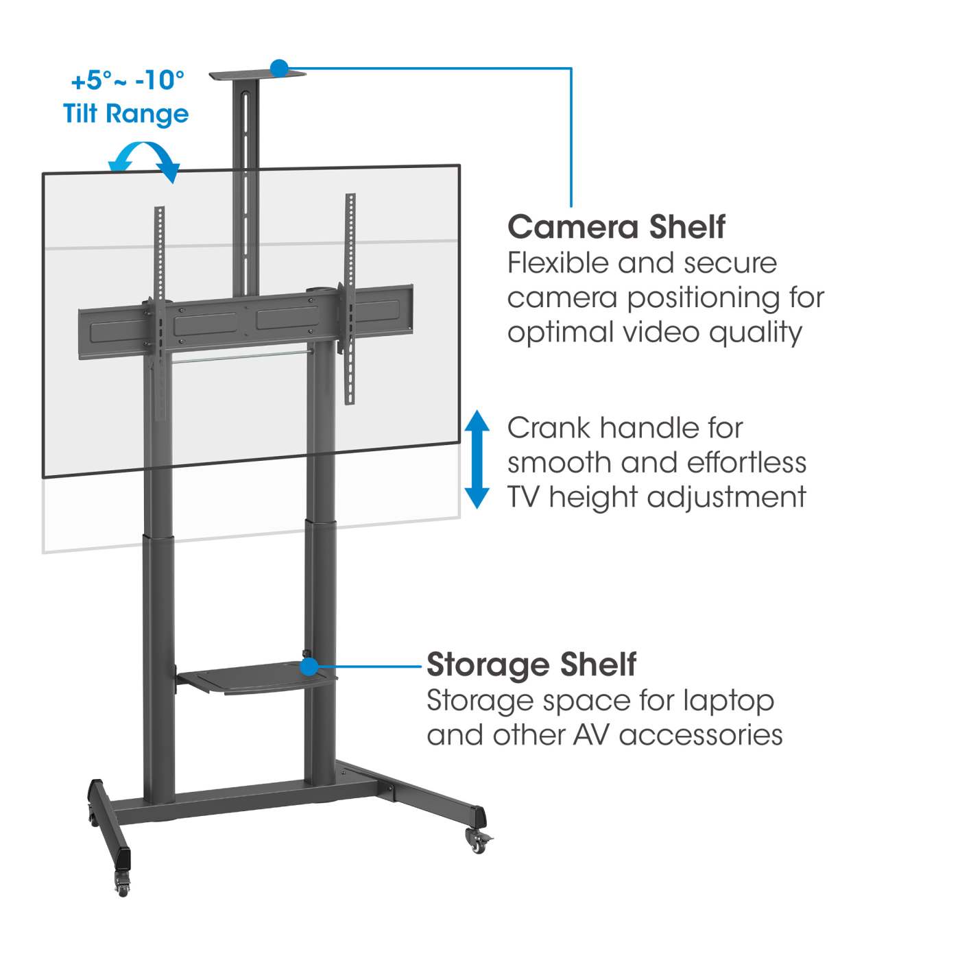 Carrito para TV multimedia de pantalla grande con ajuste de altura sin herramientas, para pantallas de 60" a 120" Image 5