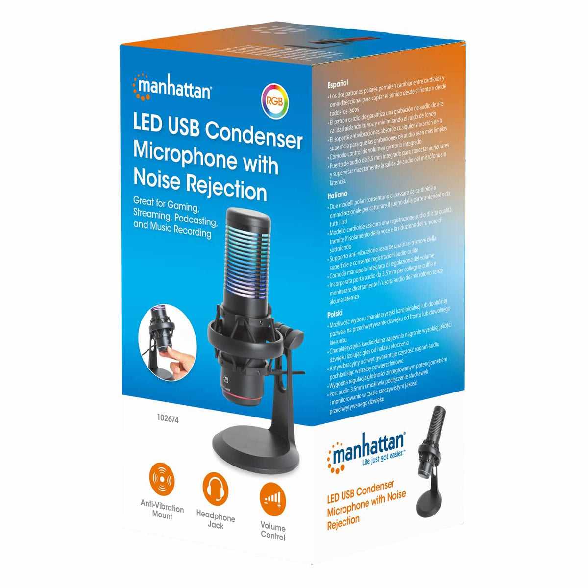 Micrófono de condensador USB con LED RGB y cancelación de ruido Packaging Image 2