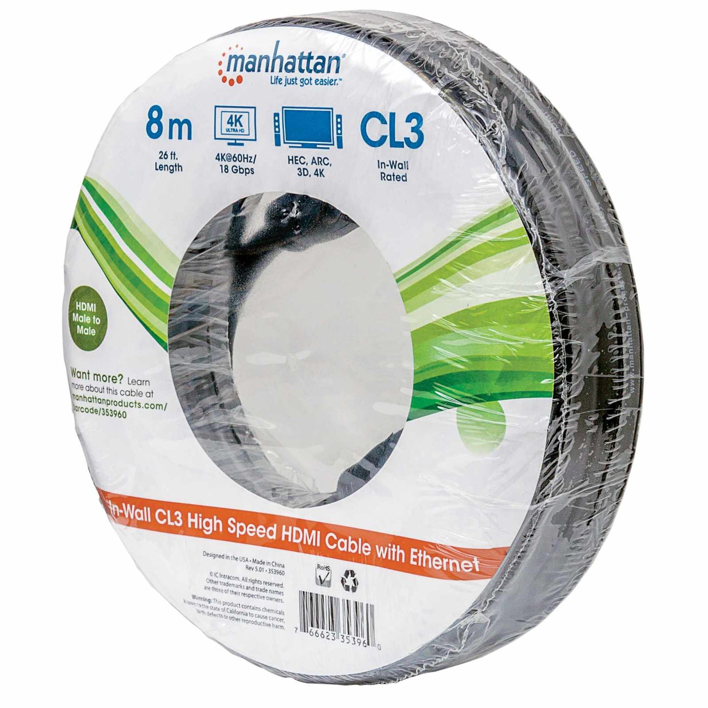 Cable HDMI de alta velocidad CL3 para instalar con Ethernet, negro, 8 m (26 ft) Packaging Image 2