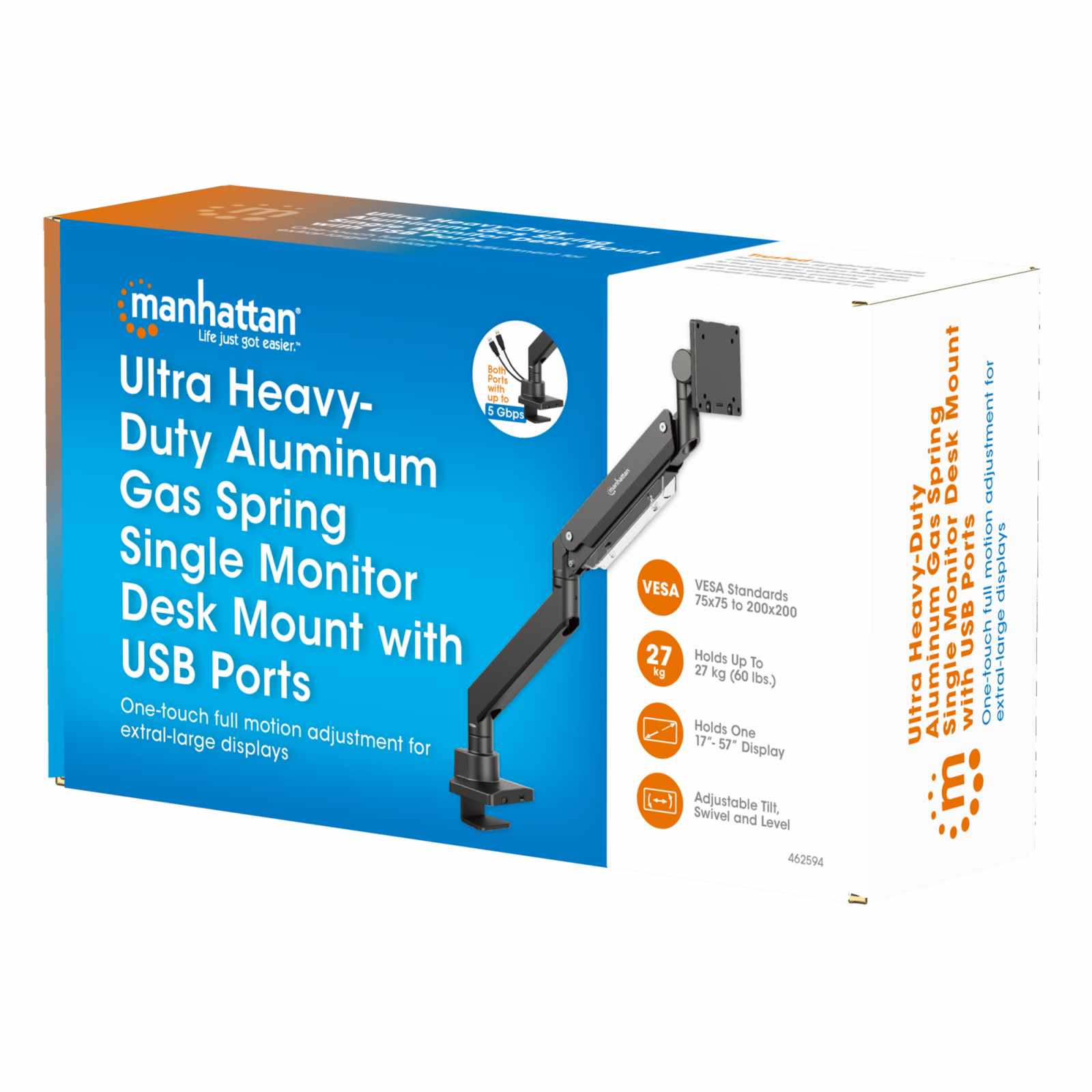 Soporte de aluminio con pistón de gas y puertos USB para un monitor de 17" a 57" Packaging Image 2