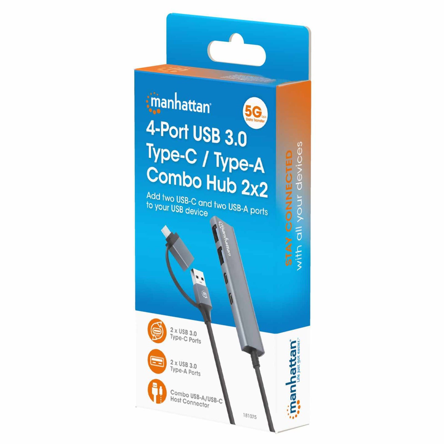 Hub de 4 puertos USB 3.2, 2 USB-A y 2 USB-C, conector adaptable de USB-A a USB-C Packaging Image 2