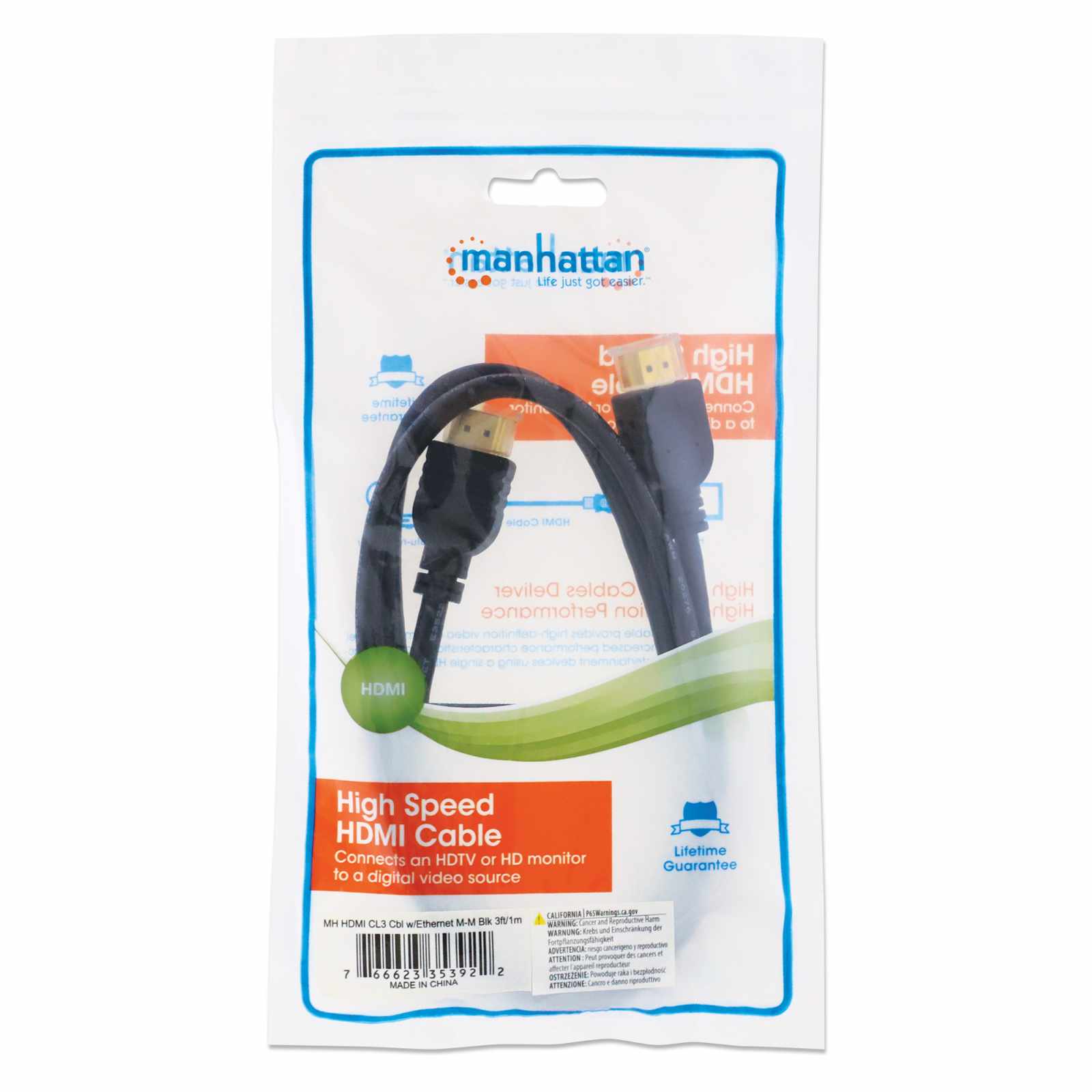 Cable HDMI de alta velocidad CL3 para montaje con Ethernet, negro, 1 m (3 ft) Packaging Image 2