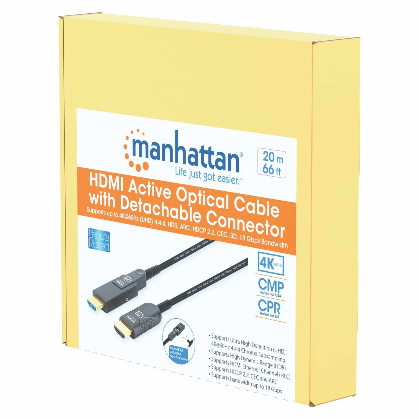 Cable Óptico Activo HDMI de Alta Velocidad con conector HDMI desmontable (Calificado Plenum) Packaging Image 2