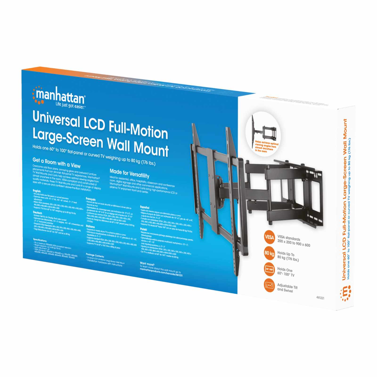 Soporte Universal de Pared con Movimiento Completo para Pantallas Grandes de 60" a 100" Packaging Image 2