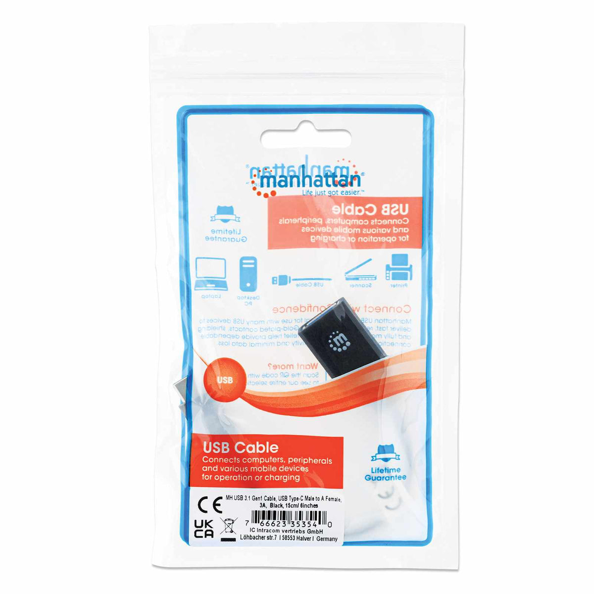 Cable USB 3.2 Gen 1 Tipo-C Macho a Tipo-A Hembra, 5 Gbps, 15 cm Packaging Image 2