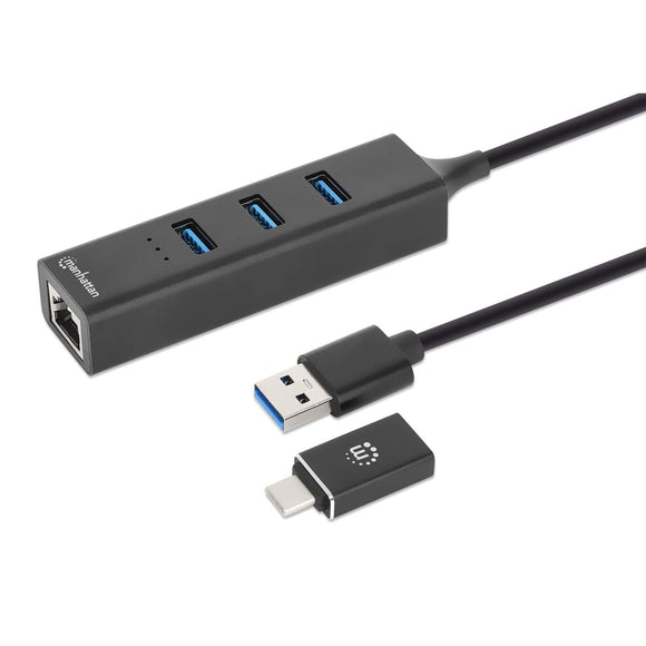 Hub USB 3.0, con combinación de conectores USB Tipo-C y Tipo-A, de 3 puertos y adaptador de red Gigabit Ethernet Image 1