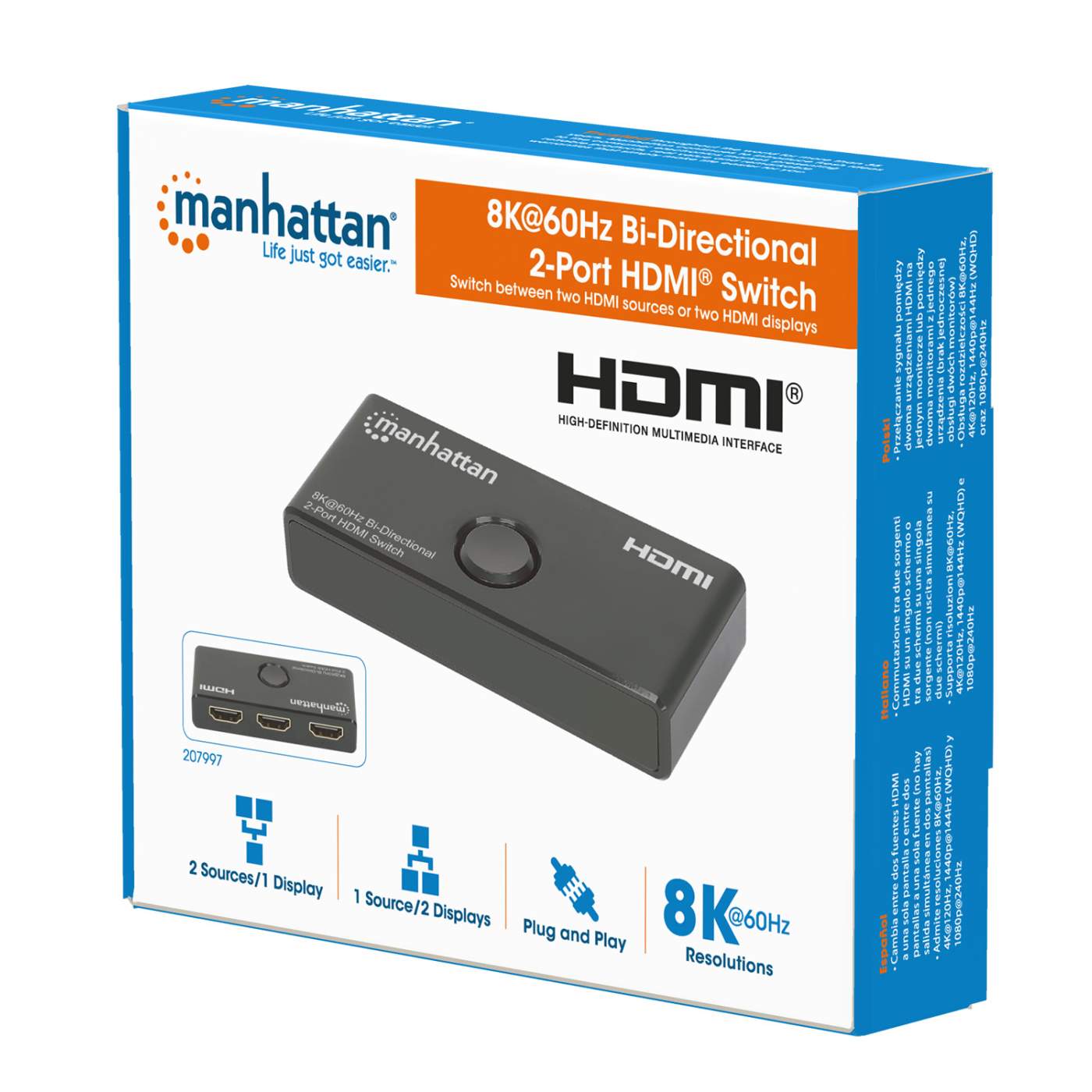 Manhattan Switch HDMI bidireccional con 2 puertos 8K (207997)